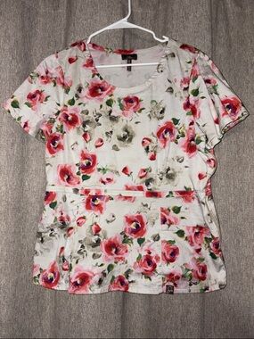 Jaanuu White /pink Floral Scoop Neck limited edition peplum Scrub Top J96003